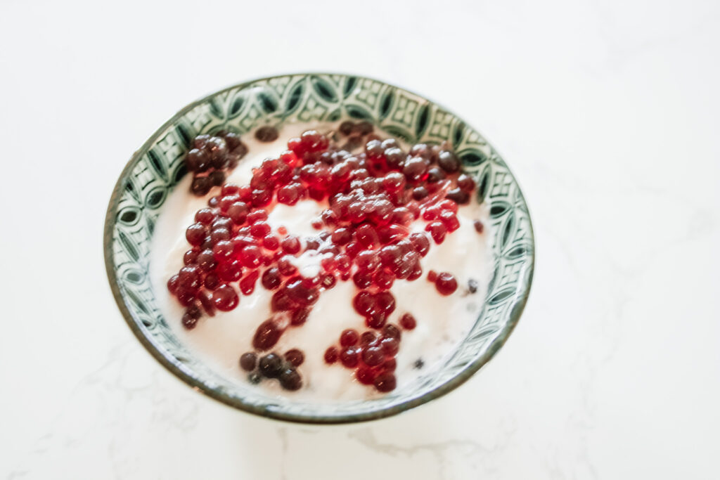 green and white patterned ceramic bowl, filled with vanilla yogurt and red fruit caviar